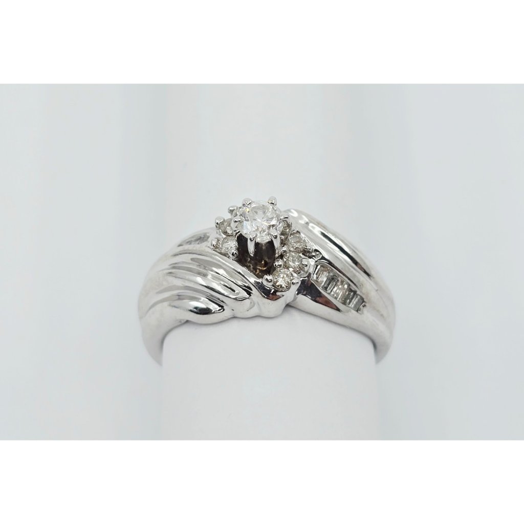 Unique 14k Solid White Gold Designer Round  Baguette Diamond Ring  Size 725